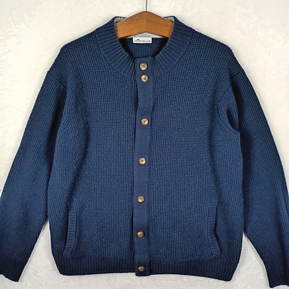 Peter Millar Mens Navy Blue Wool Blend Waffle Knit Button Front Cardigan Sweater